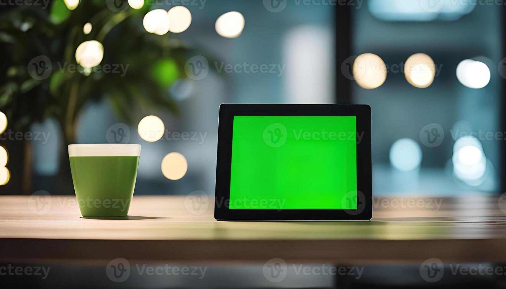 Tablet and Cup on a Wooden Table photo