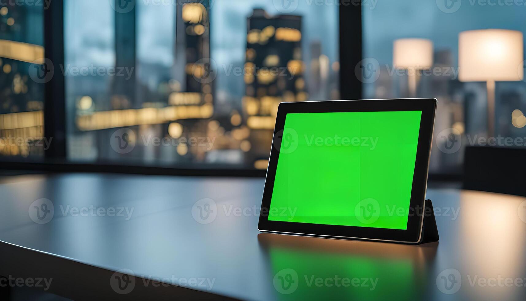 Tablet on a Table with City View photo