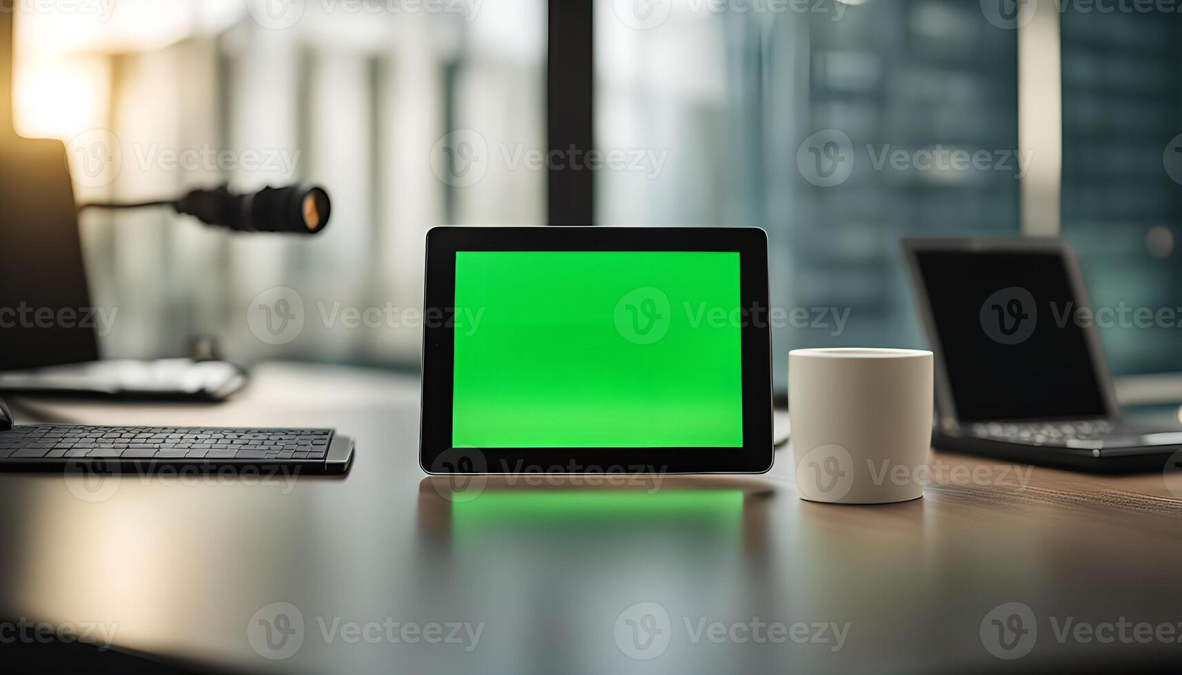 Tablet, Laptop, and Mug on a Desk in an Office photo