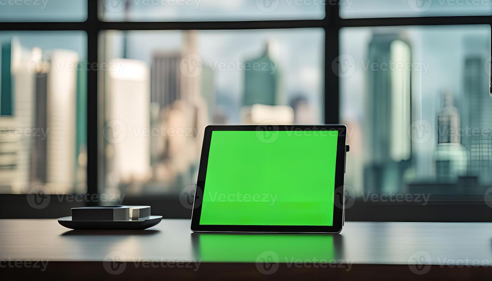 Tablet with Green Screen on Desk with City Skyline View photo