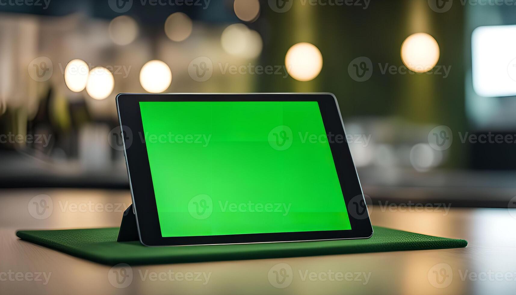 Green Screen Tablet Mockup on a Table photo