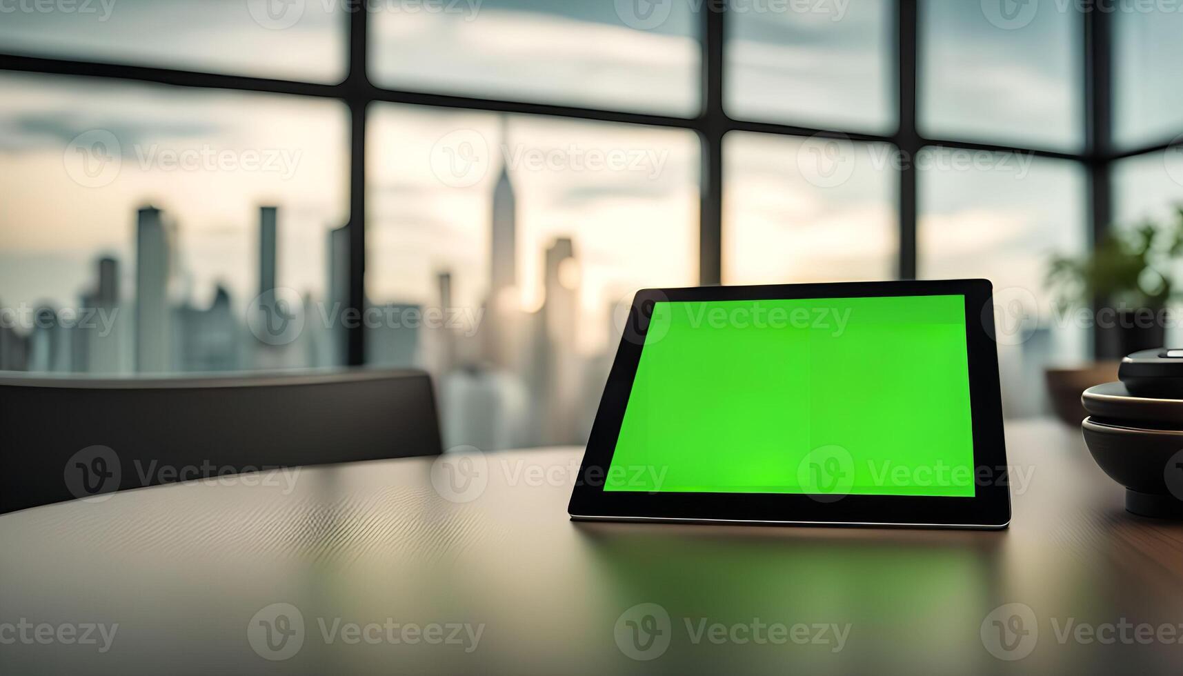 Tablet on a table with a city view photo
