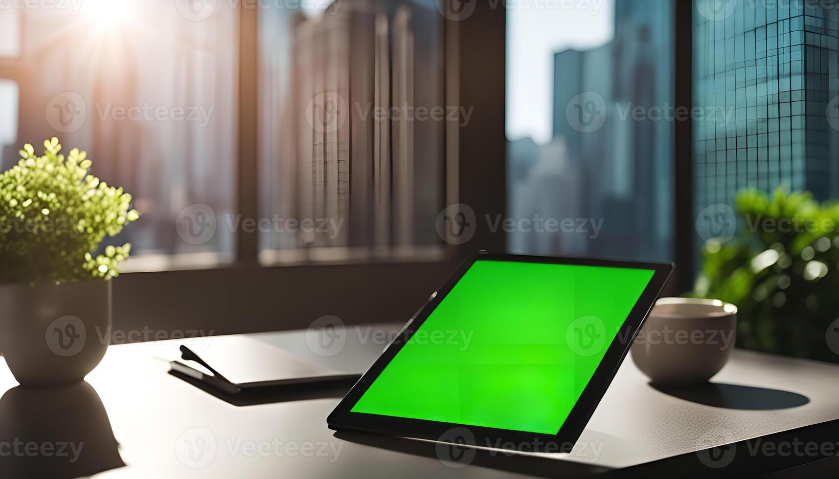 Tablet on a Desk with a Green Screen photo