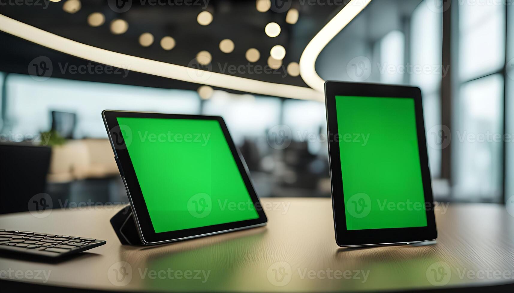 Two Tablets with Green Screens on a Table photo