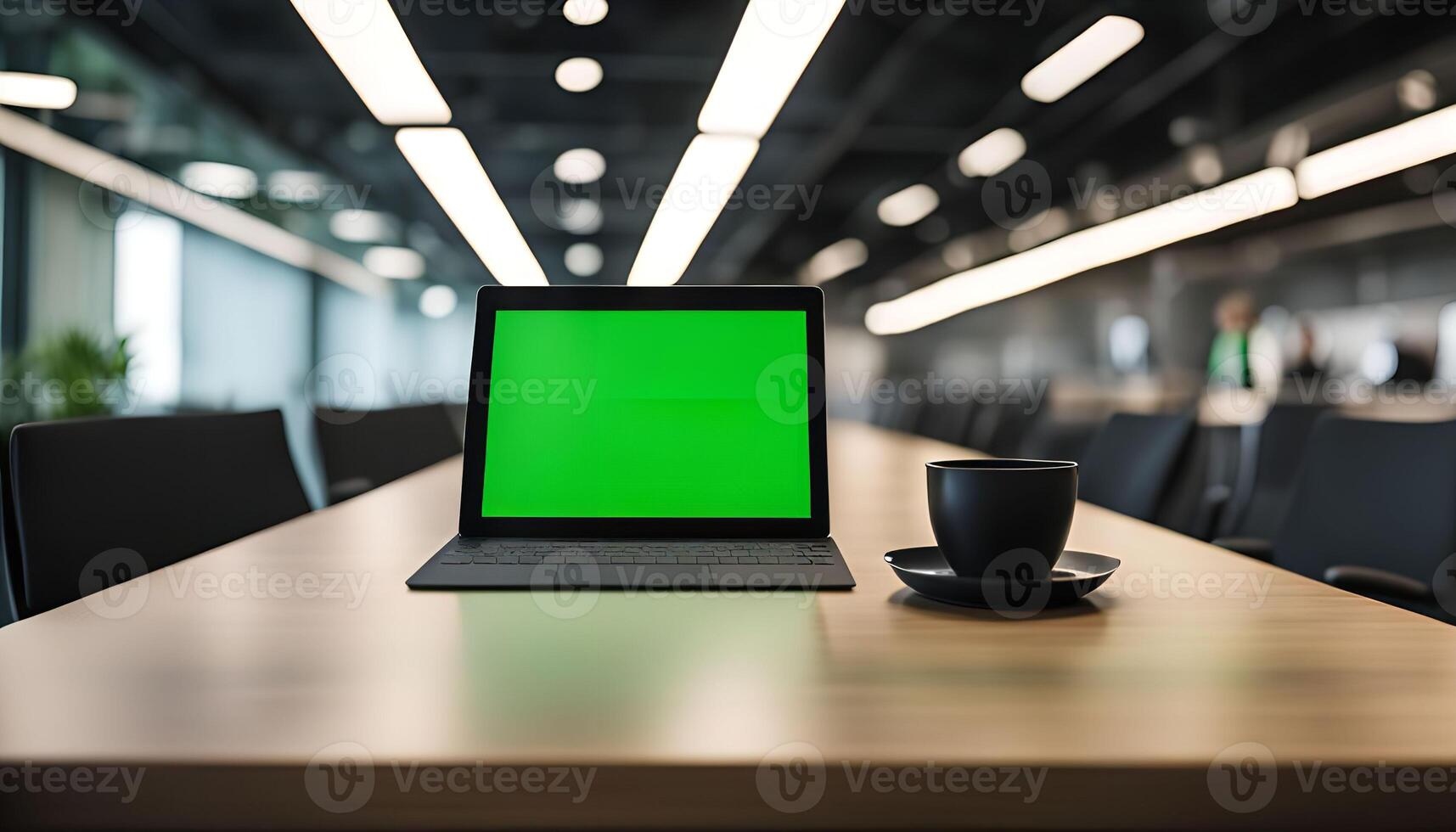 Laptop and Coffee Cup on a Conference Table photo