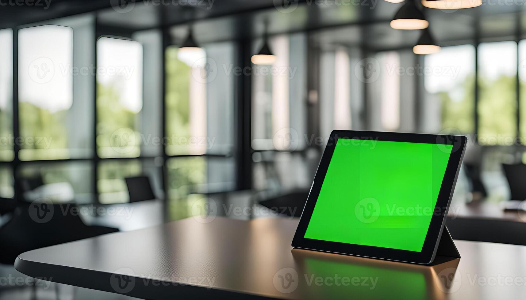 Green Screen Tablet on a Table in Office Setting photo