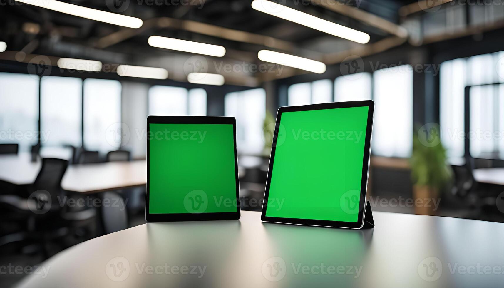 Two Green Screen Tablets on a Desk in an Office photo