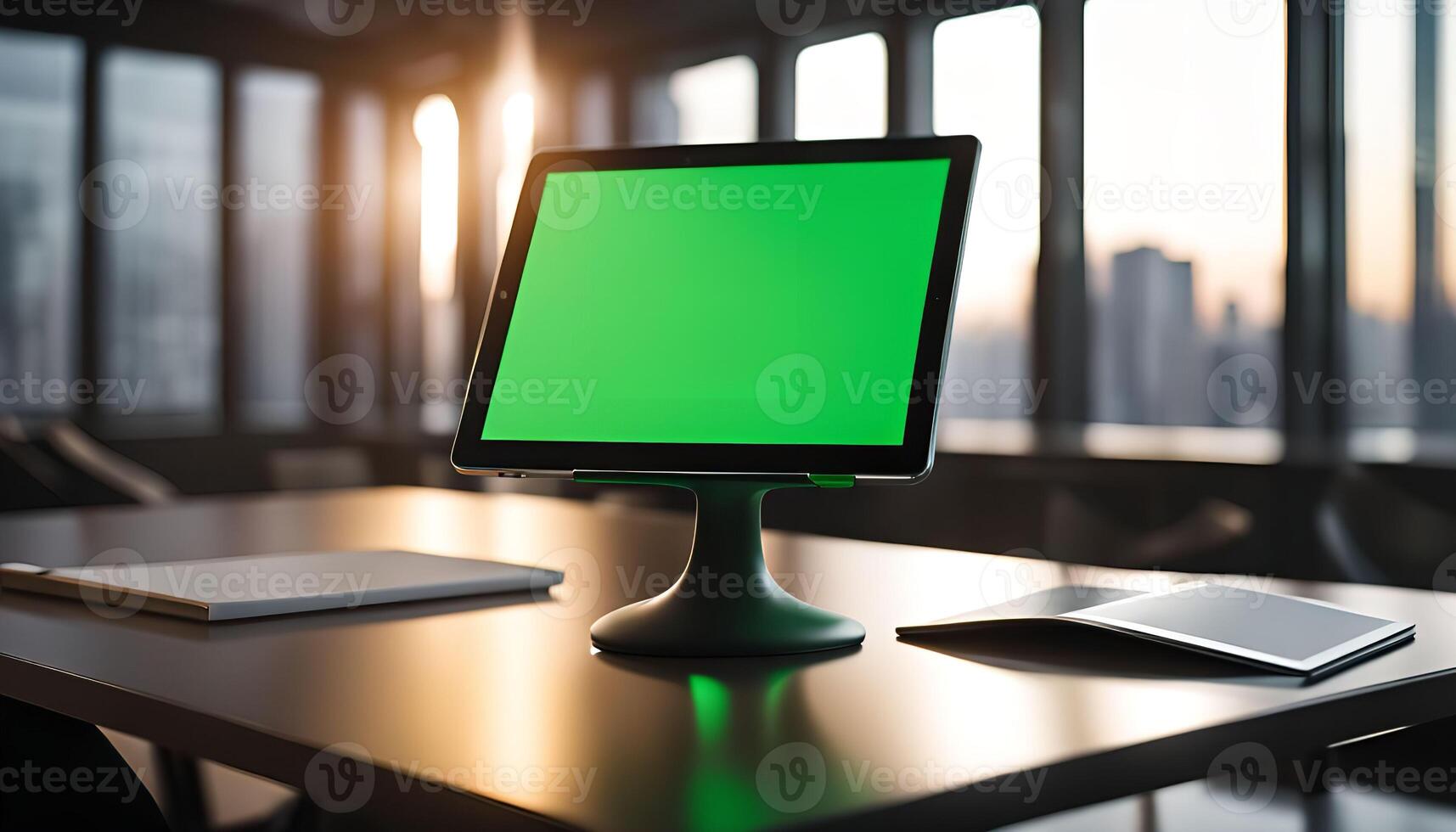 Tablet on a desk in an office with a green screen photo