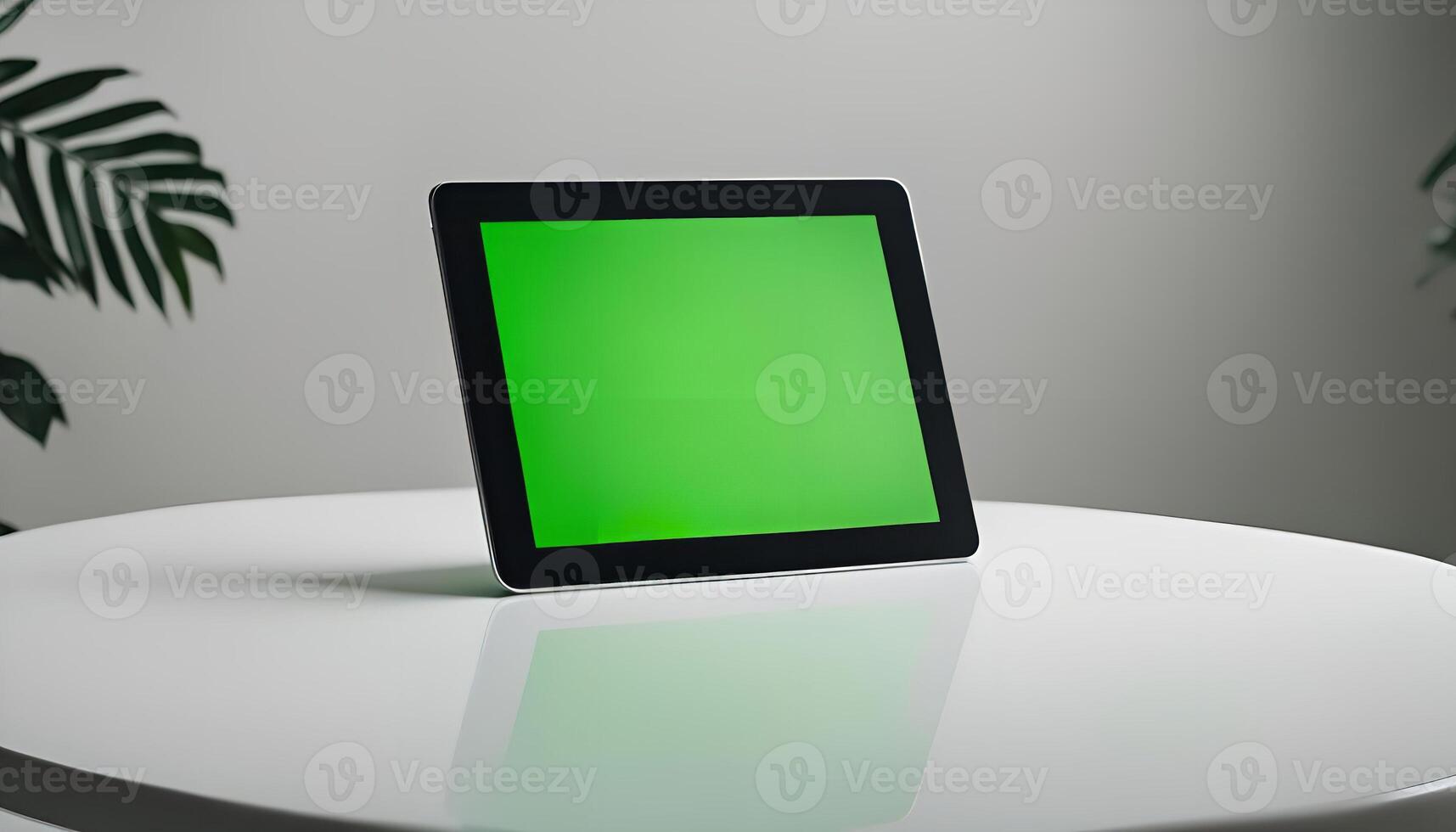 Tablet on a Table with a Green Screen photo