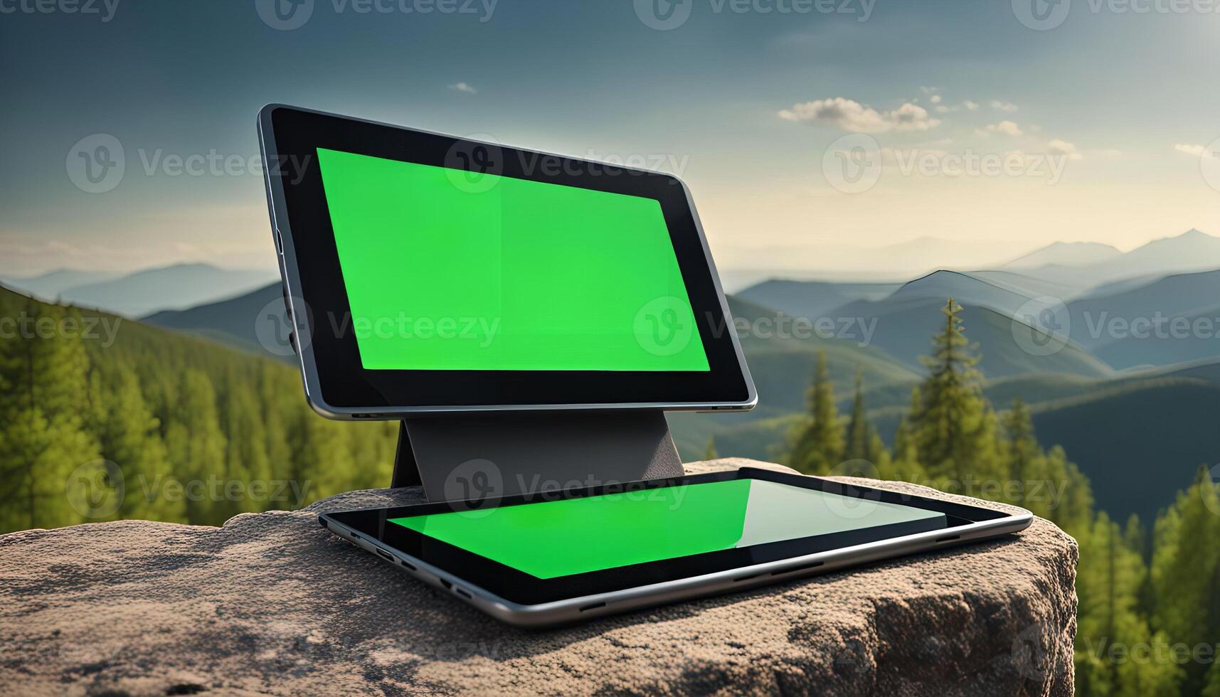 Tablet on a Mountain Peak with Green Screen photo