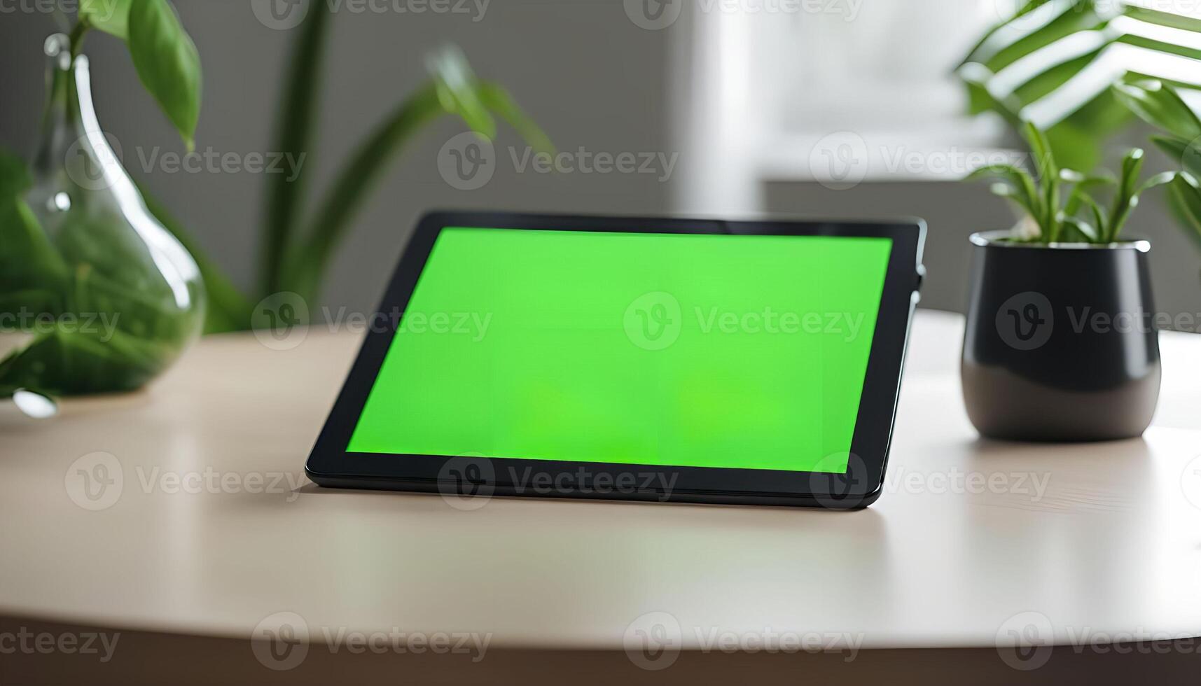 Tablet Computer with Green Screen on a Table with Plants photo