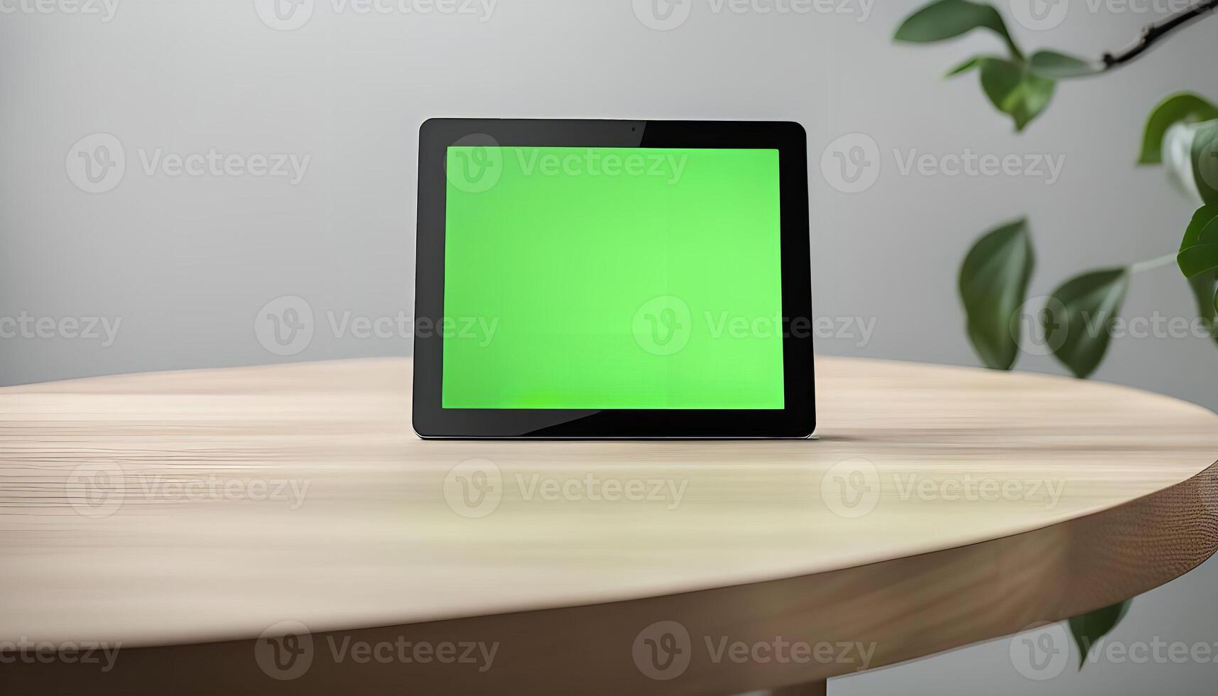 Tablet on Table with Green Screen photo