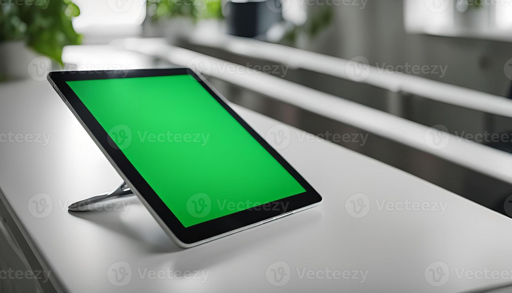Tablet on a Table with Green Screen in an Office or Classroom Environment photo