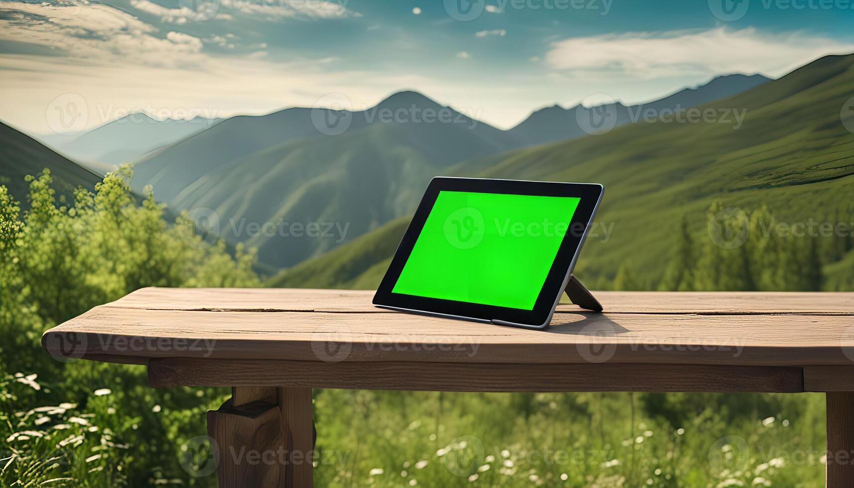 Tablet on Wooden Table with Mountain View photo
