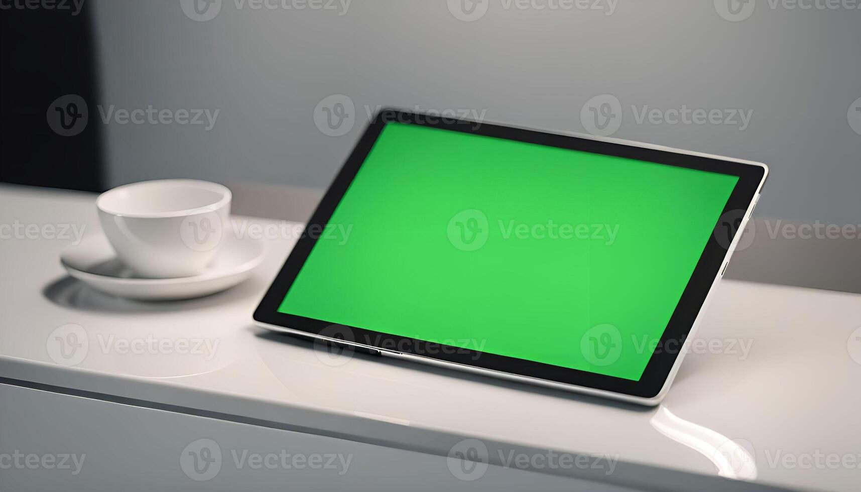 Tablet and Coffee Cup on Table photo