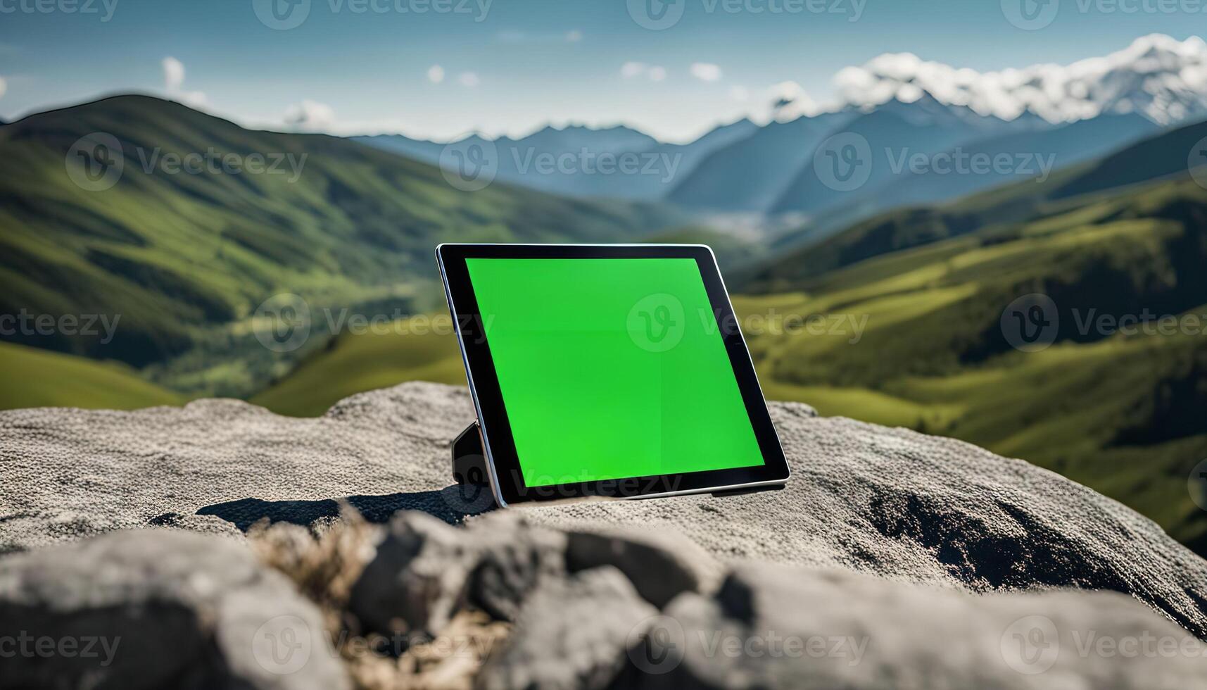 Tablet on Mountain Peak with Green Screen photo