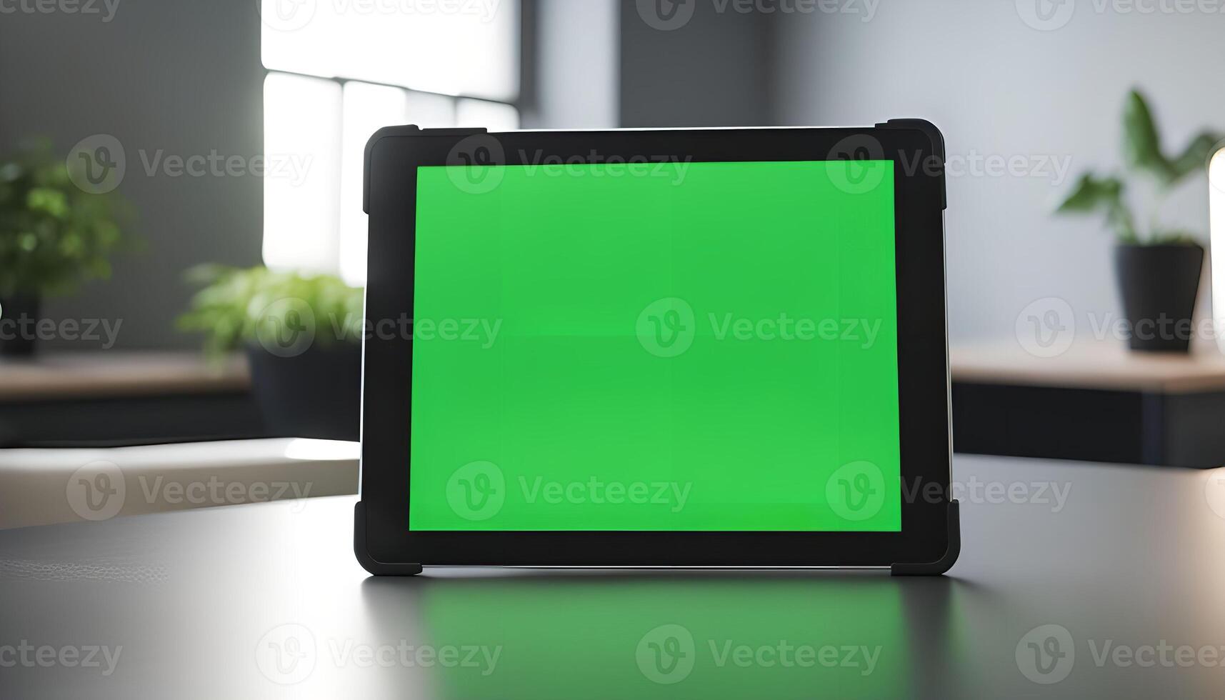 Tablet with Green Screen on Table photo