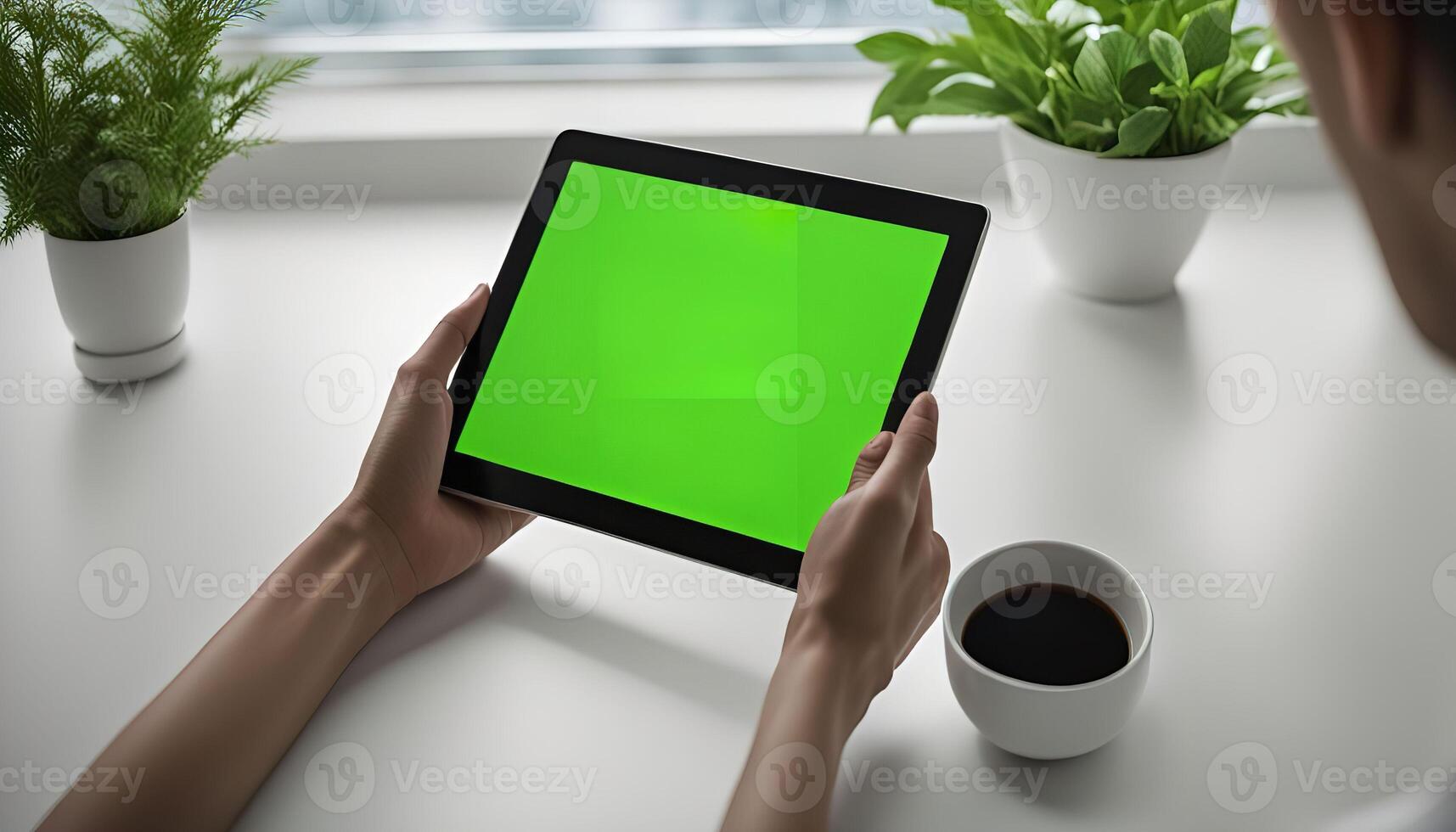 Person Using Tablet With Green Screen photo
