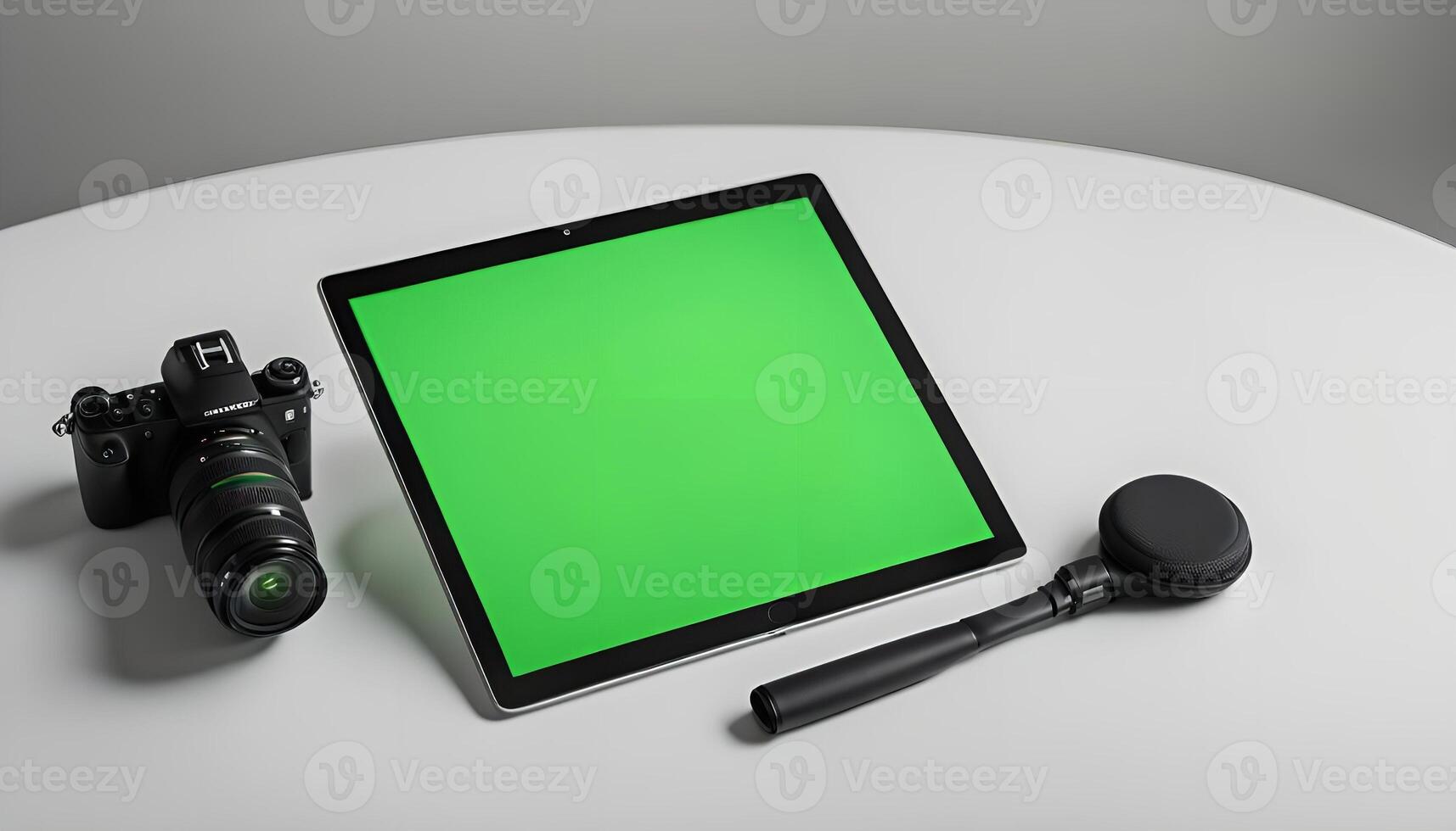 Camera, Tablet, and Microphone on a White Table photo