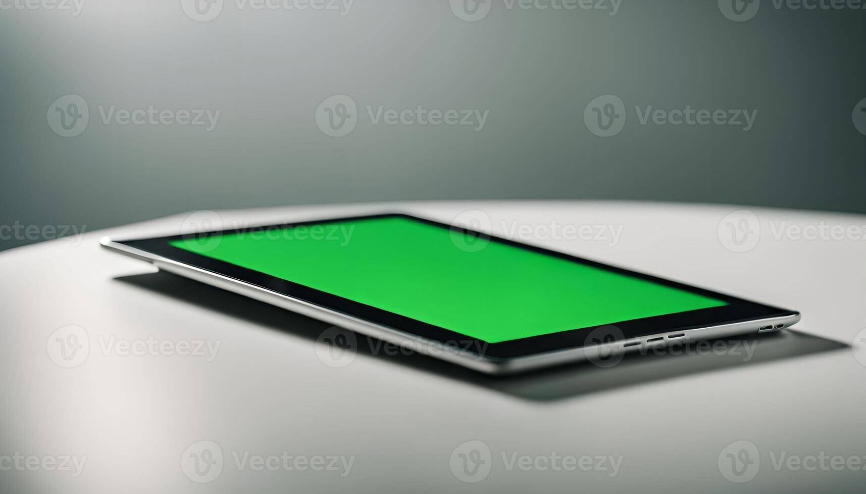 Tablet with a Green Screen on a White Table photo