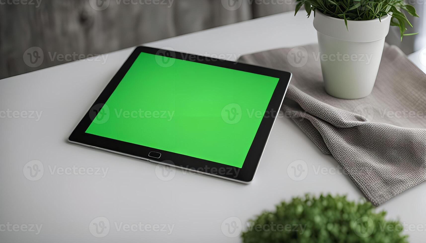 Tablet on a White Table with a Green Screen photo