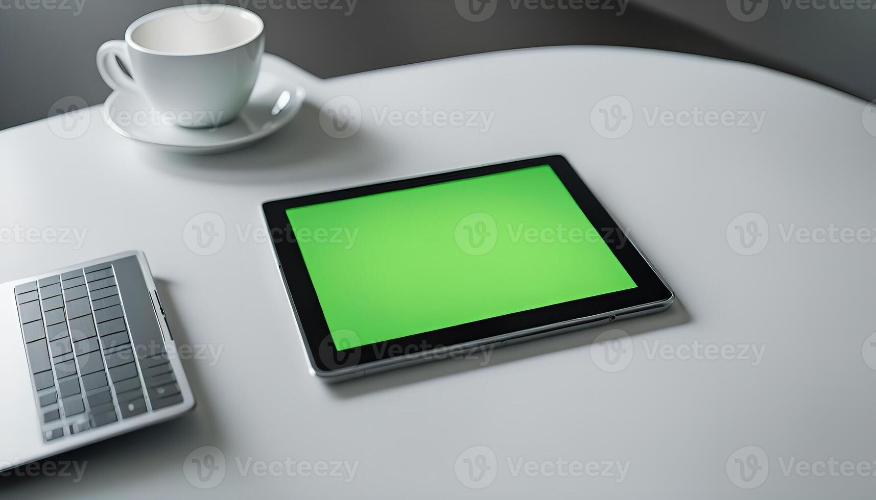 Tablet and Keyboard on White Table photo