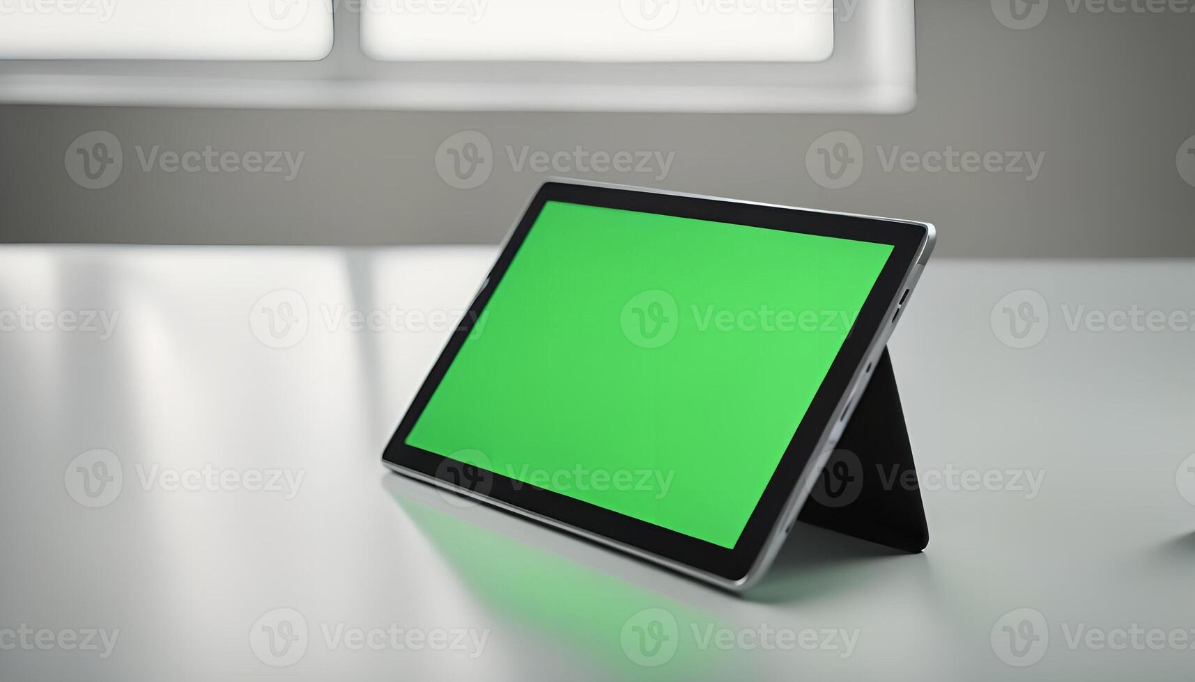 Tablet with Green Screen on Desk photo