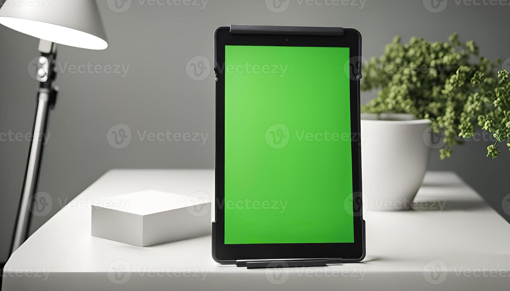 Tablet Mockup with a Green Screen on a White Table photo