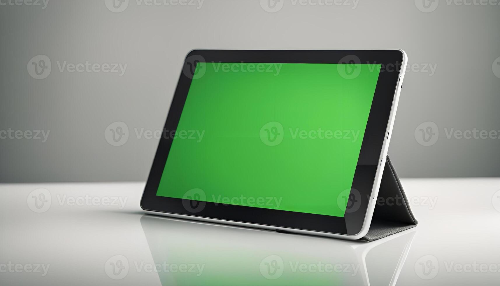 Tablet with Green Screen on a White Surface photo