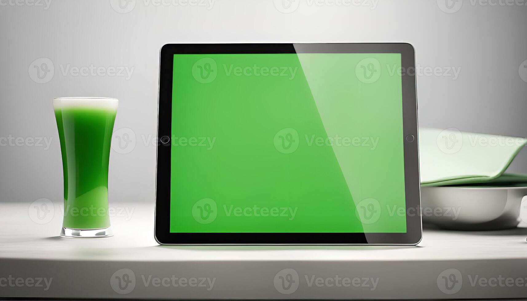 Green Smoothie and Tablet on Table photo