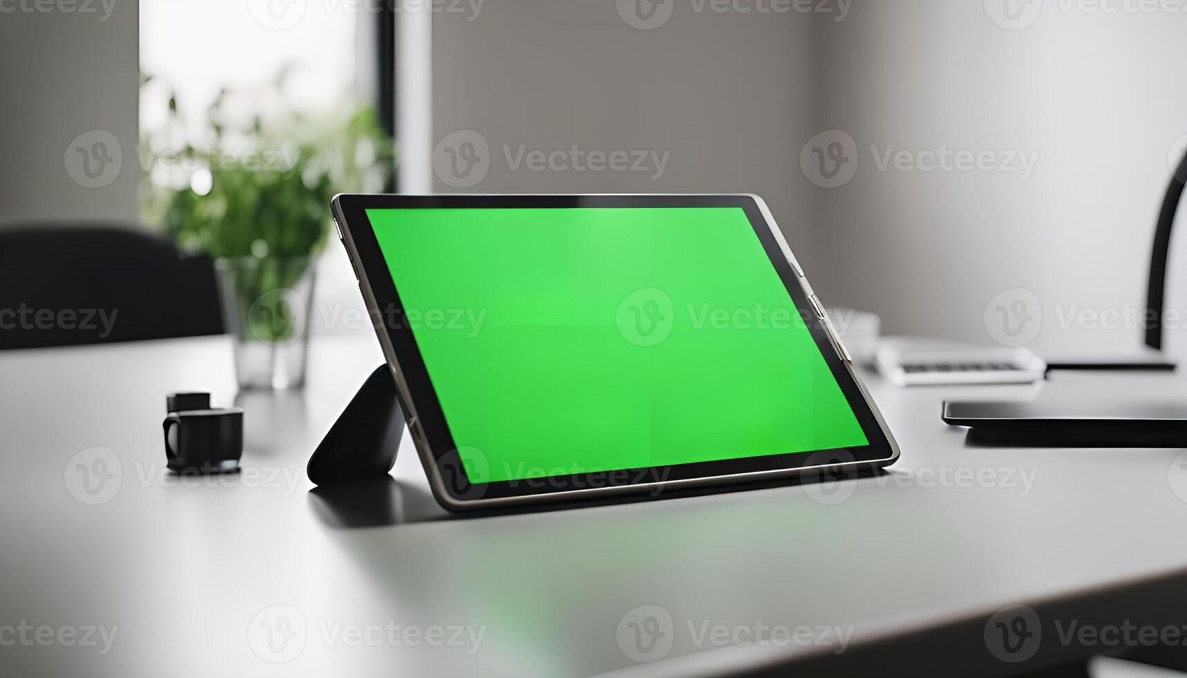 Tablet with Green Screen on Desk photo