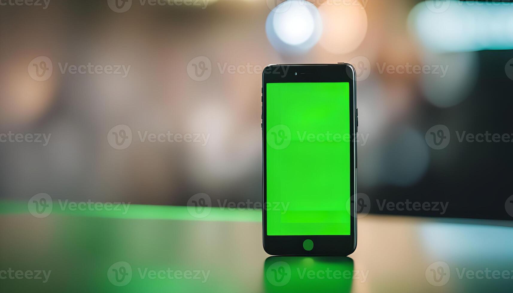 Smartphone with Green Screen on Table photo