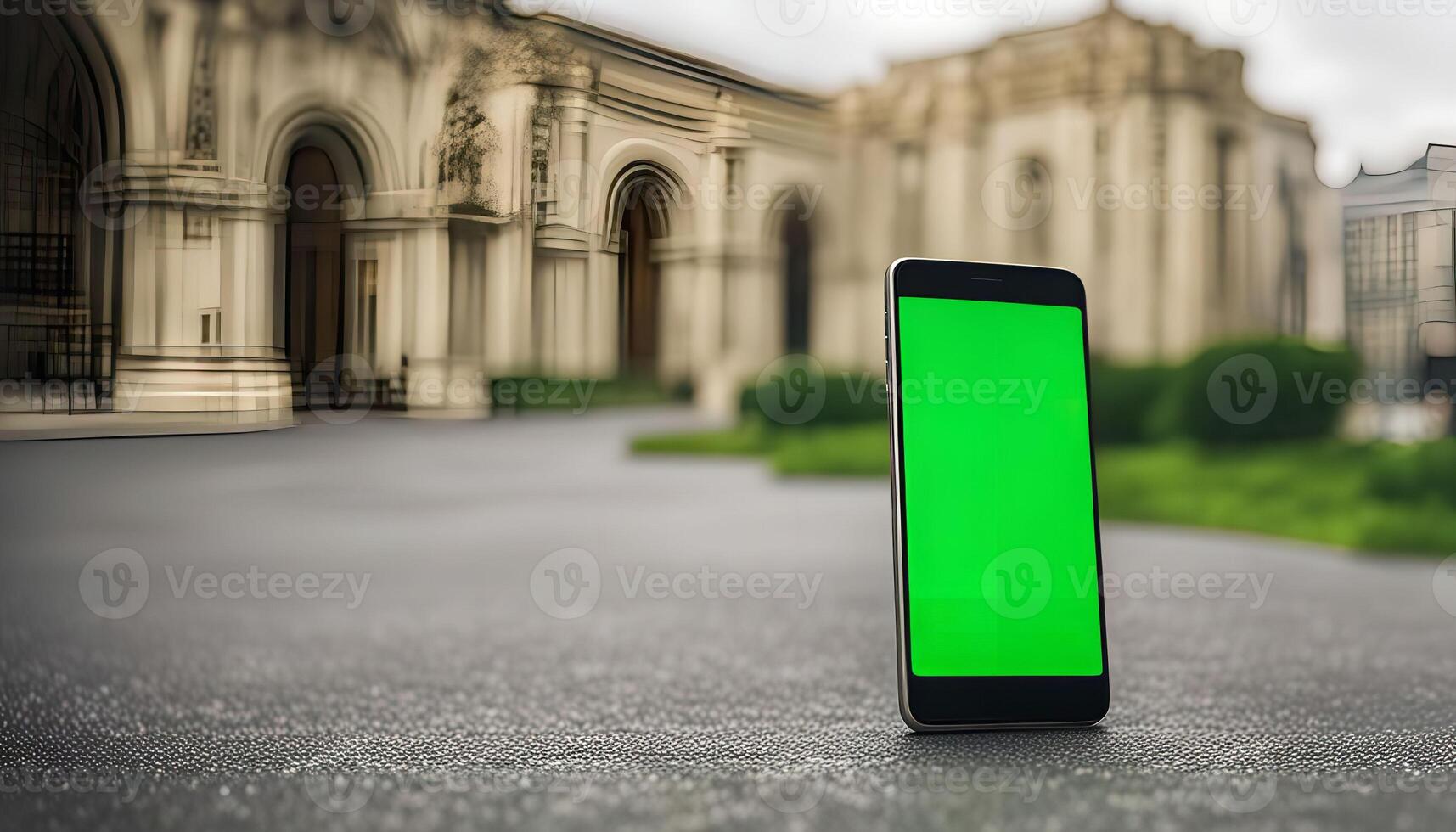 Smartphone on Pavement in Front of a Building photo