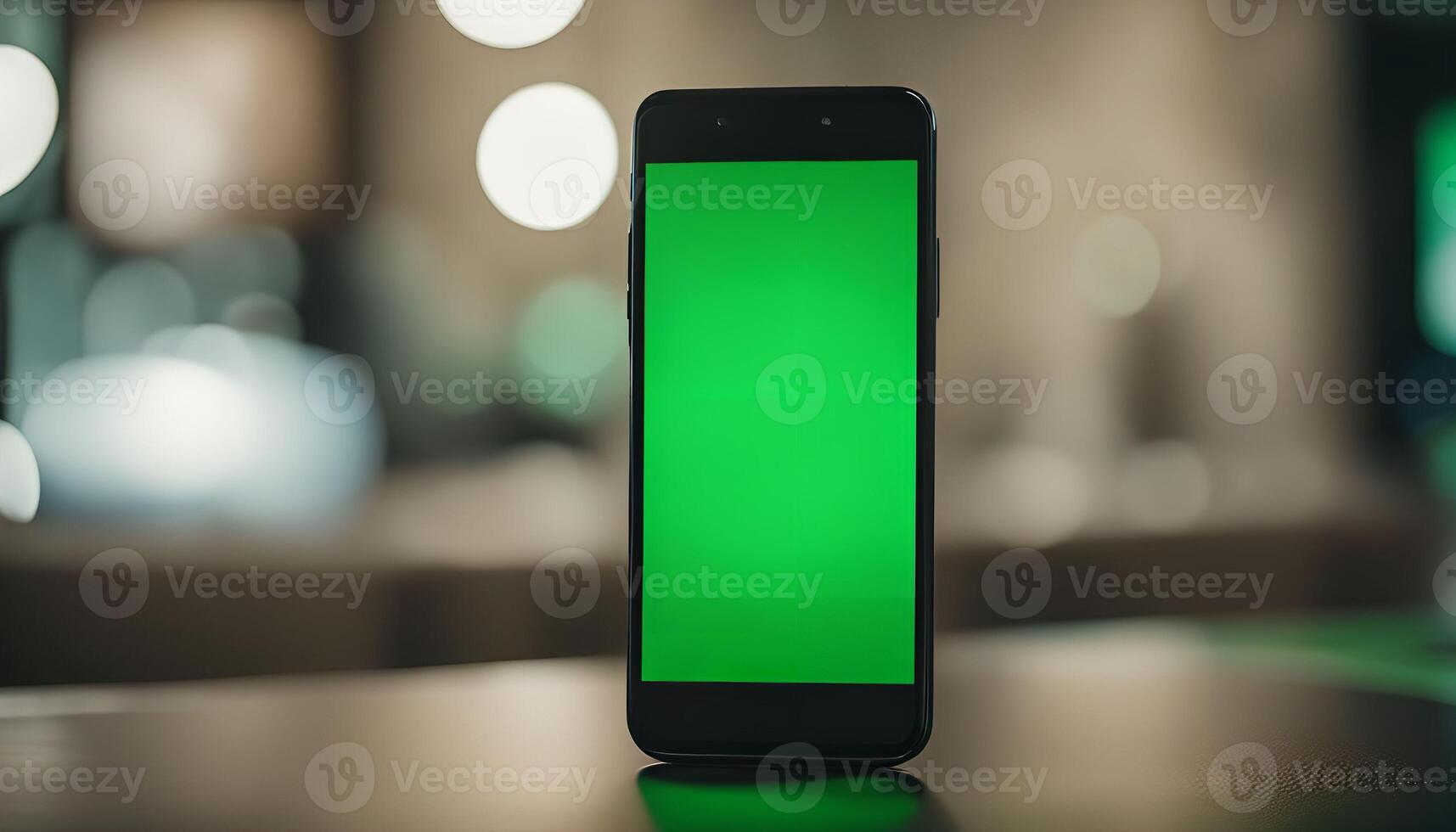 Smartphone with Green Screen on Table photo