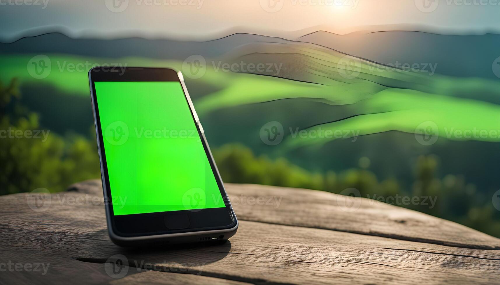 Smartphone on a Wooden Table with Mountain View photo