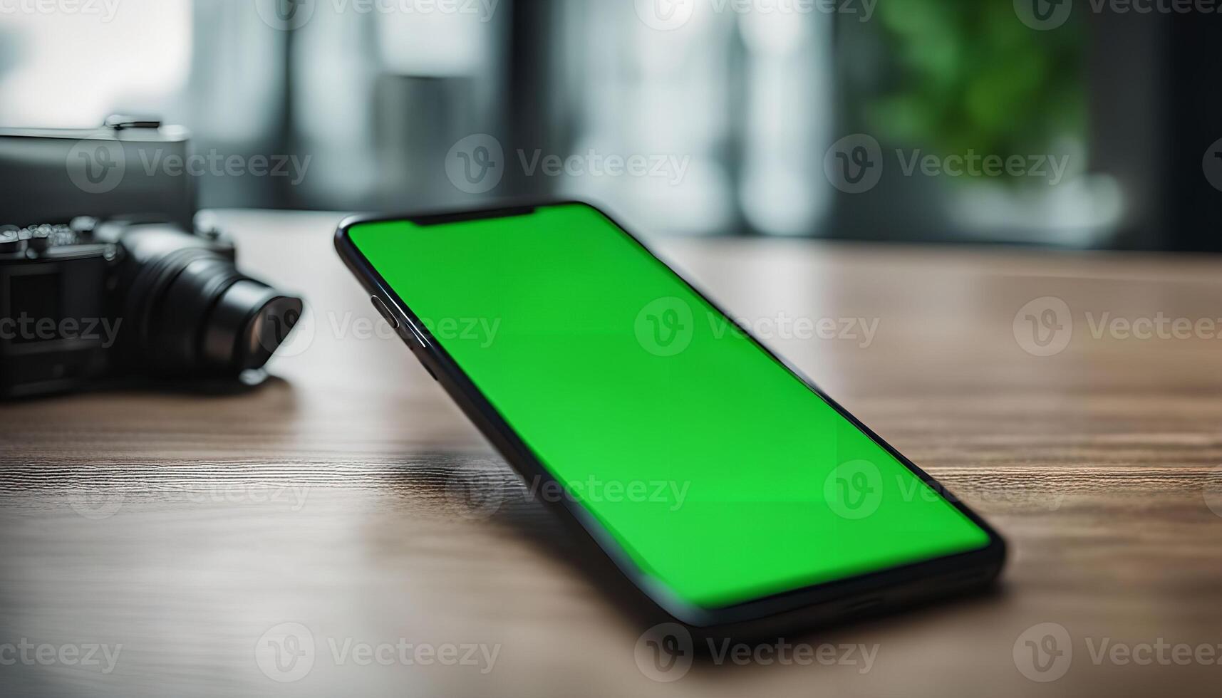 Smartphone with Green Screen on Wooden Table photo