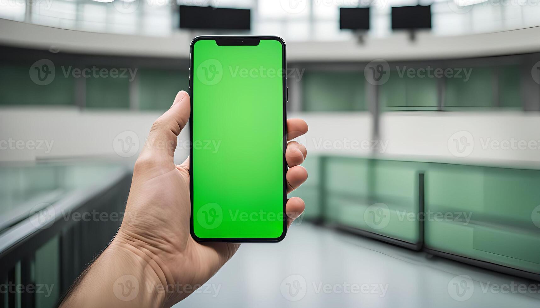 Hand Holding a Smartphone with a Green Screen in an Indoor Setting photo