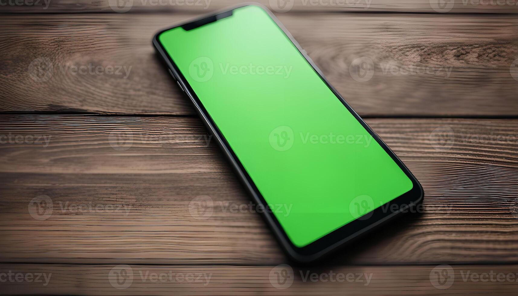 Smartphone with Green Screen on Wooden Table photo