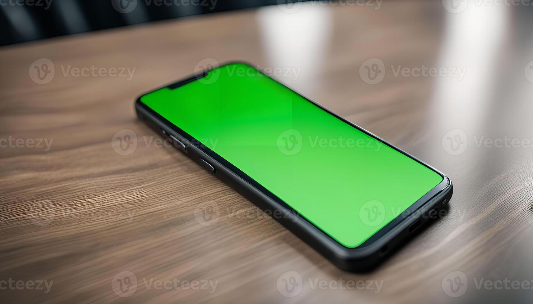 Smartphone with Green Screen on Wooden Table photo
