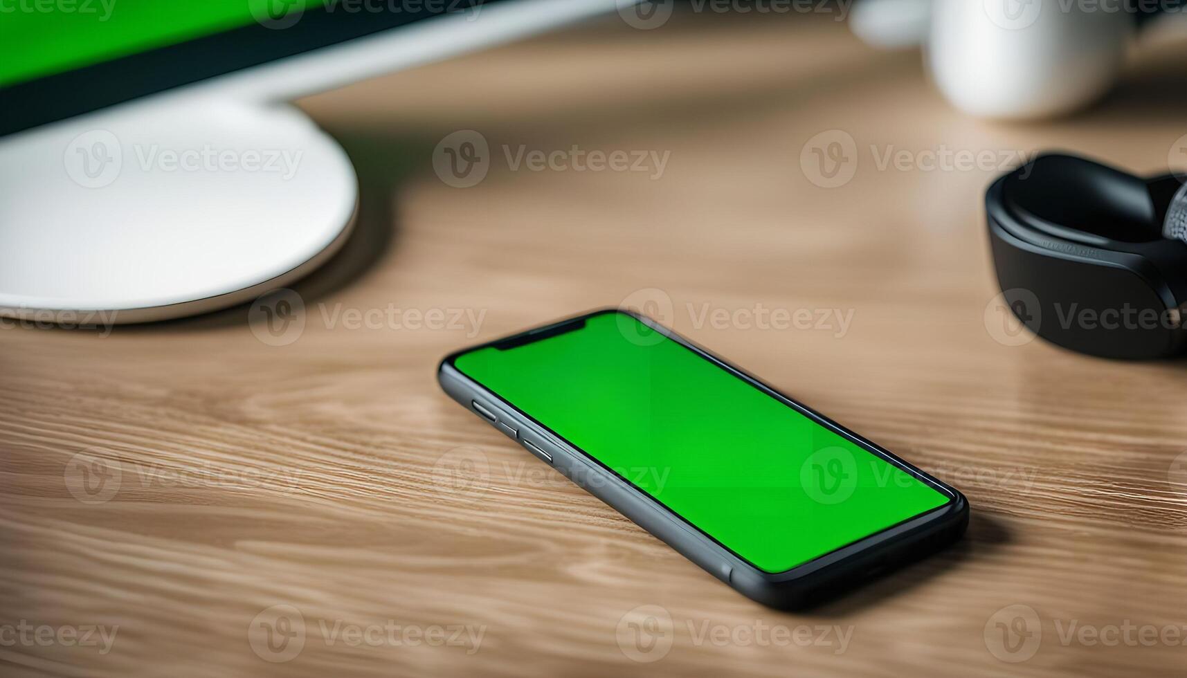 A Smartphone on a Wooden Table with a Green Screen photo