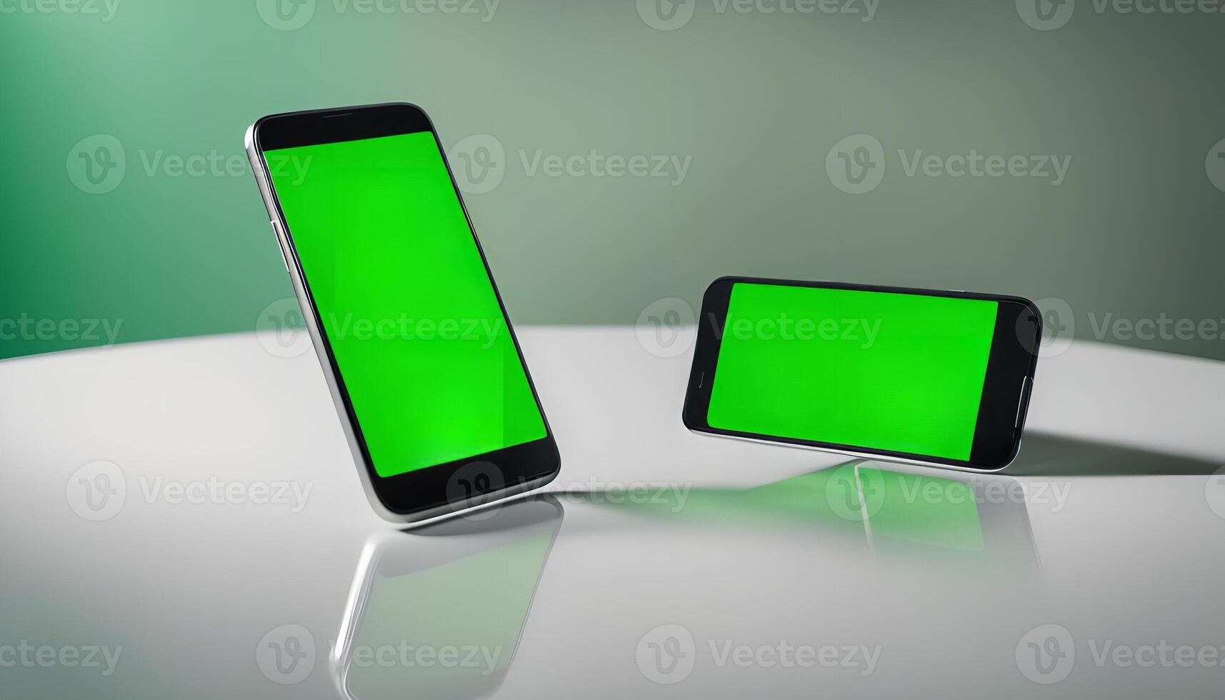 Two Smartphones with Green Screen on White Table photo