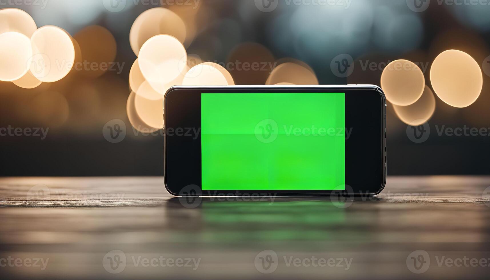 Smartphone with Green Screen on Wooden Table photo
