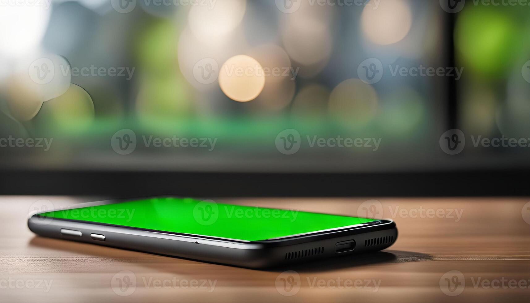Smartphone on a Table with a Green Screen photo