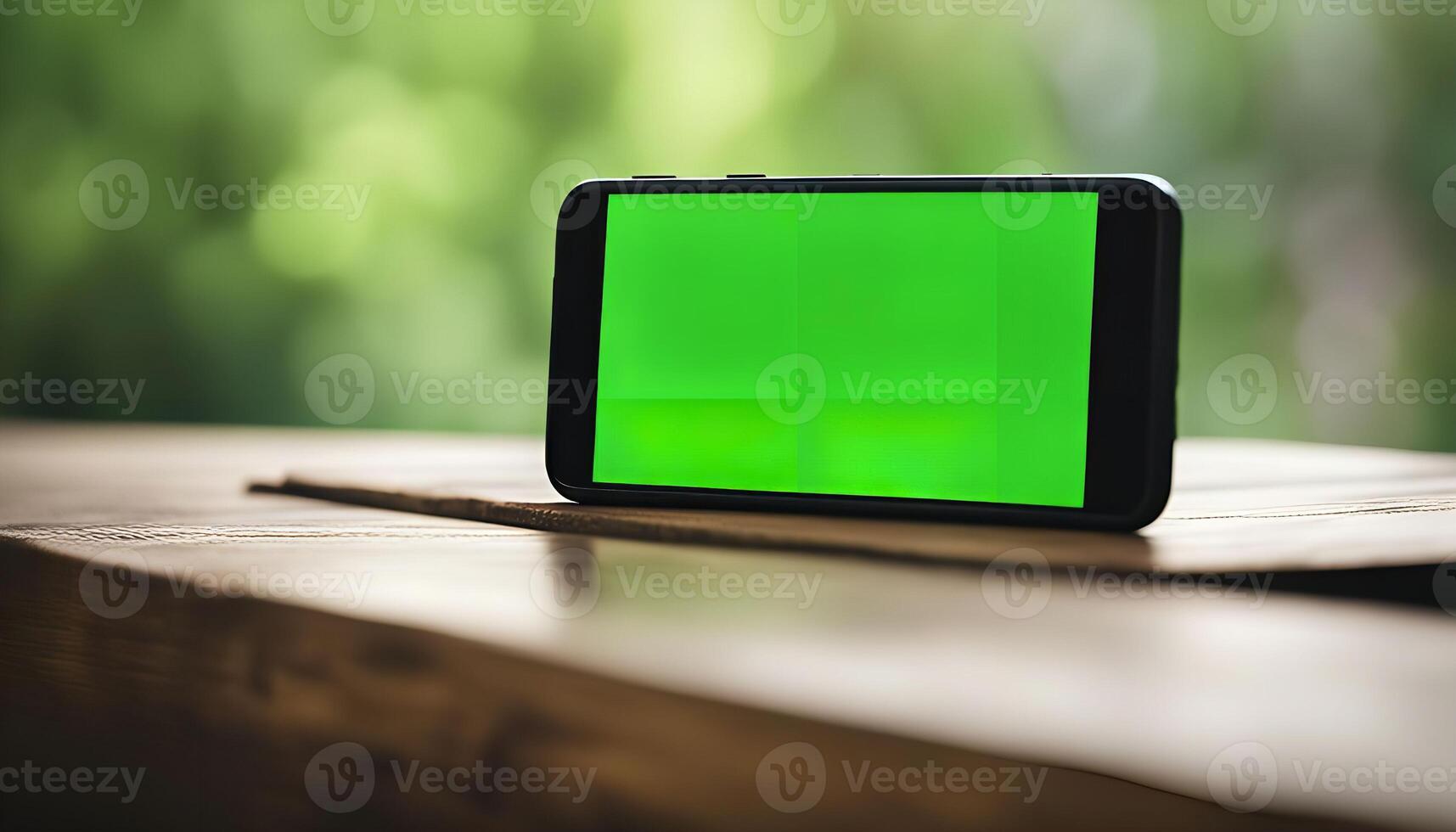 Smartphone with Green Screen on Wooden Table photo