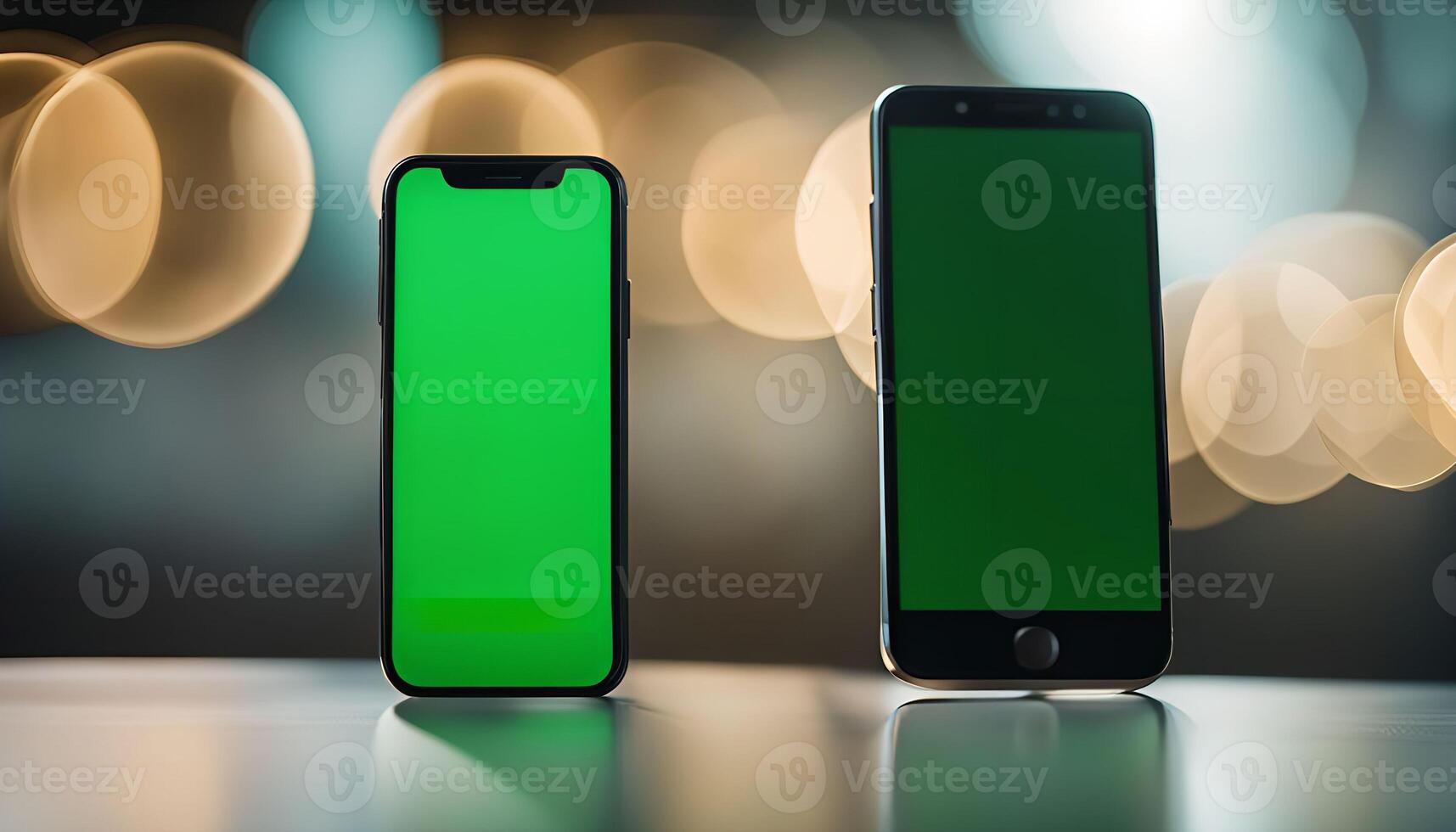 Two Smartphones on Table with Blurred Lights in Background photo