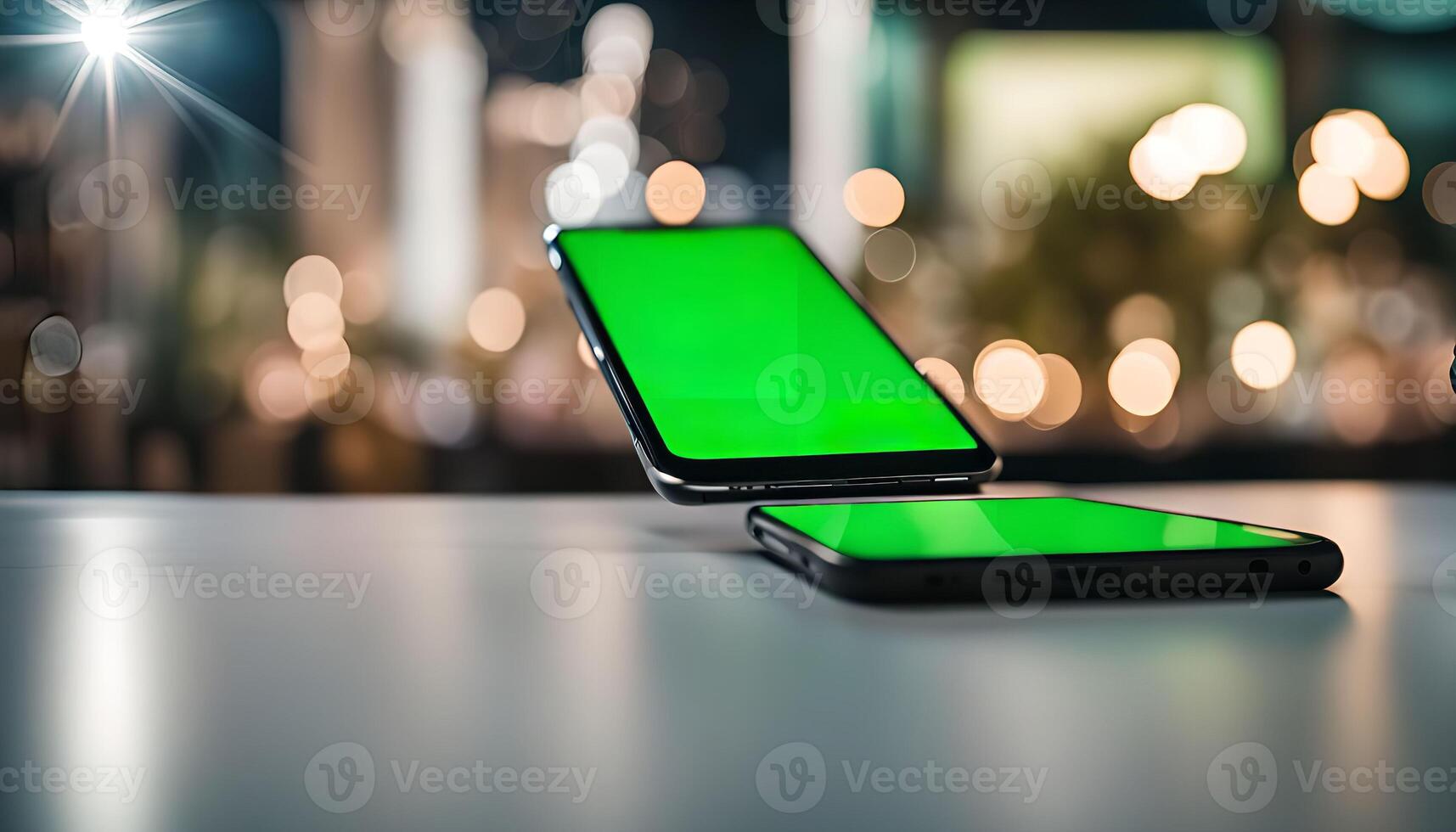 Two Smartphones with Green Screens on a Table photo