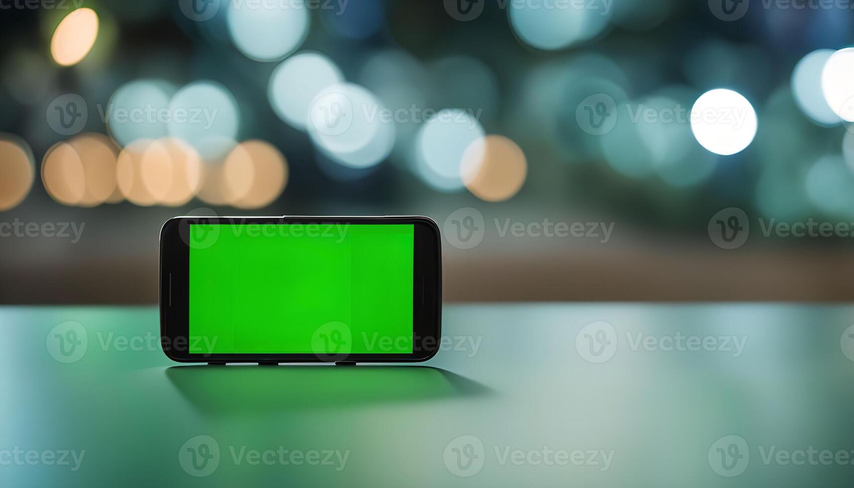 Smartphone with Green Screen on a Table photo
