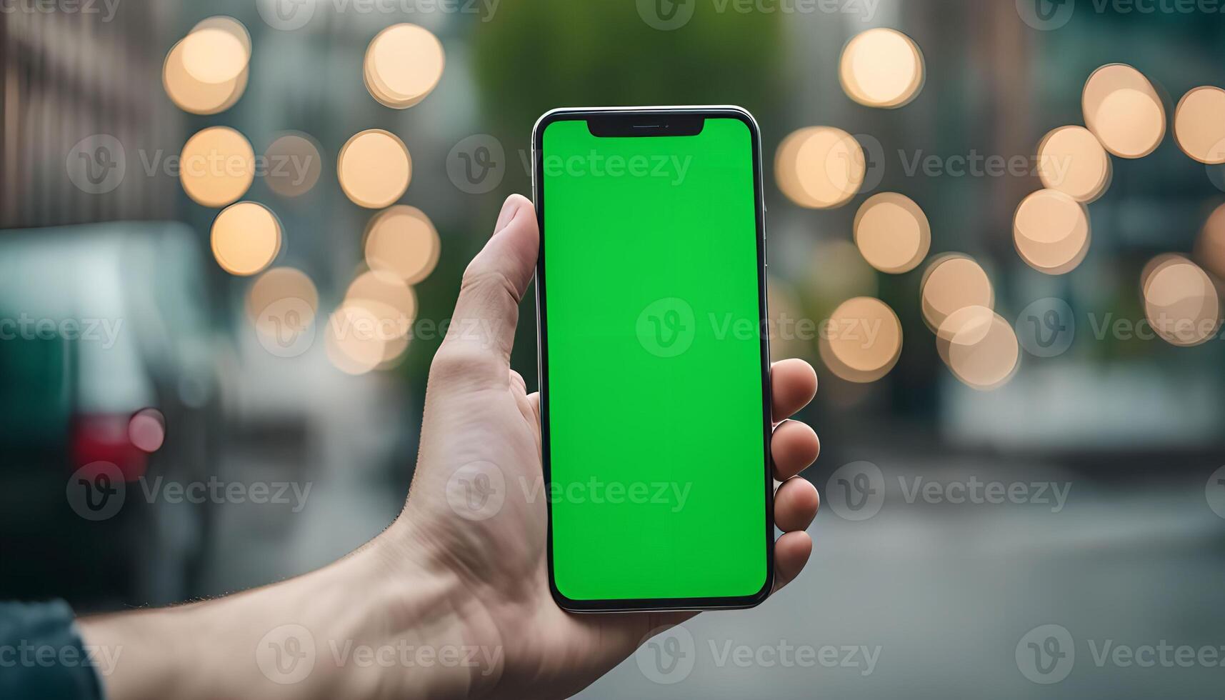 Smartphone with Green Screen in Urban Background photo