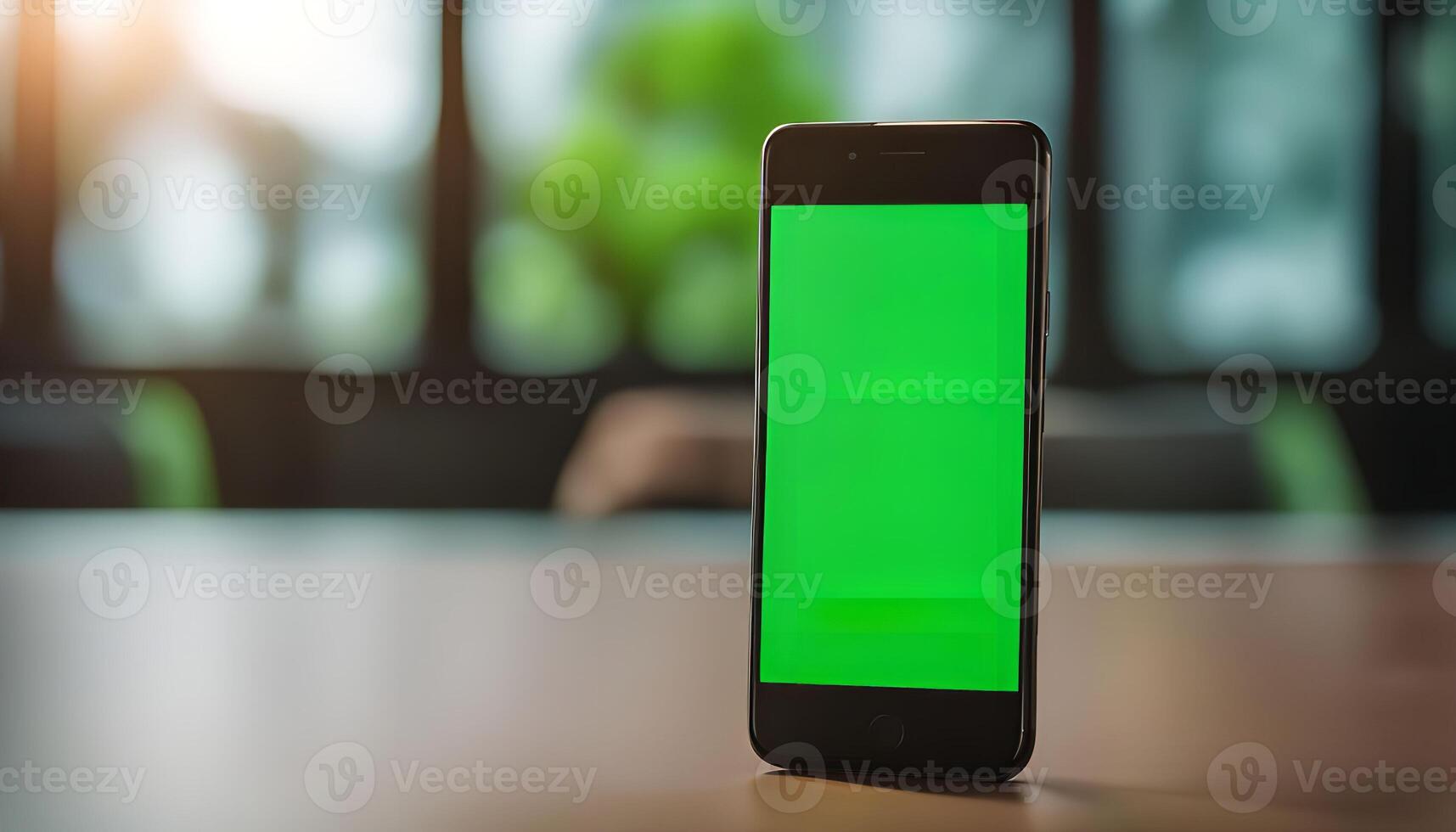 Green Screen Smartphone on Wooden Table photo