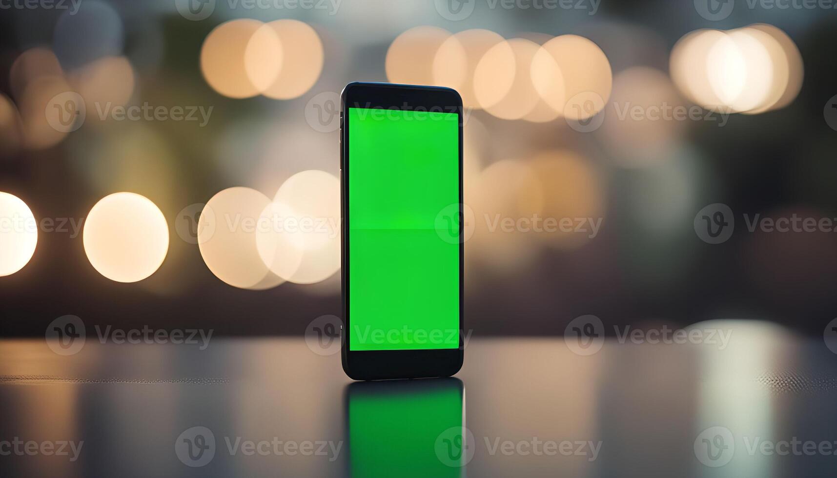 Smartphone with Green Screen on Table with Bokeh Lights photo